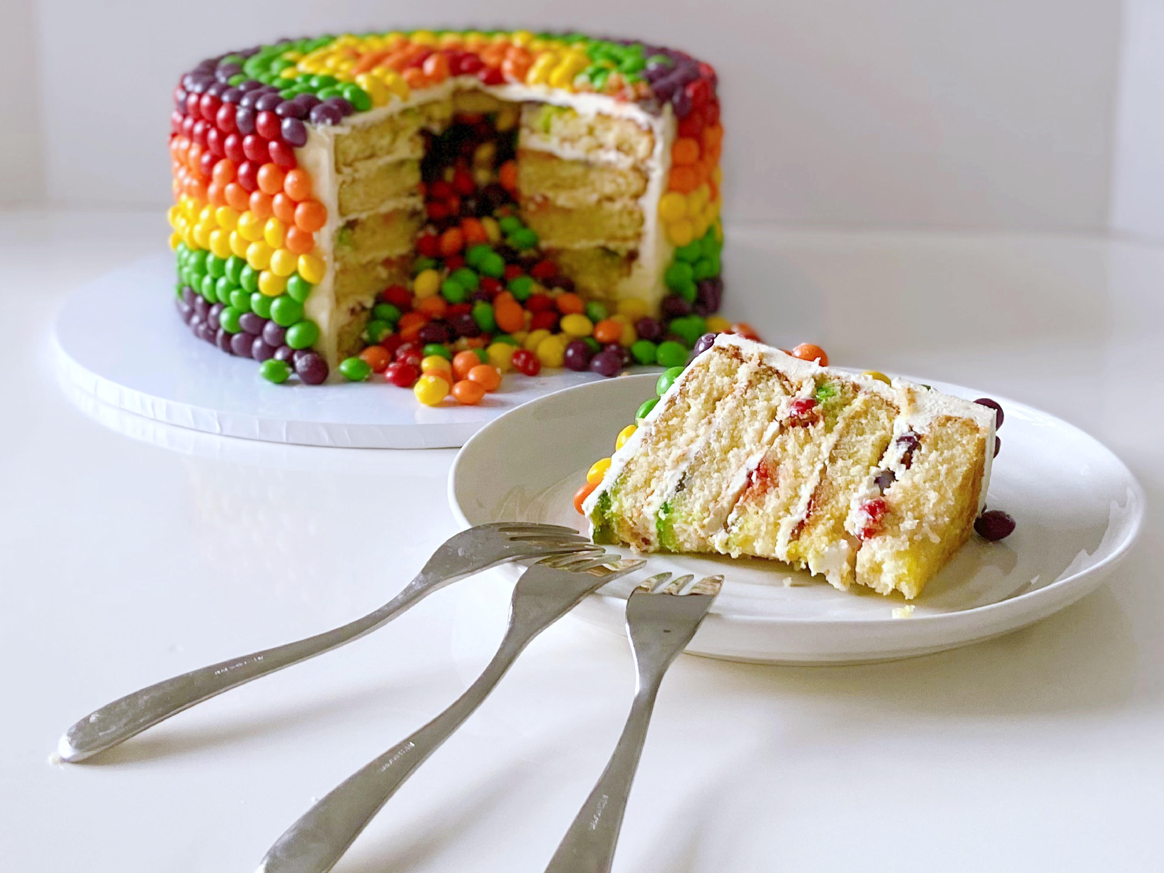 Skittles Piñata Rainbow Layer Cake